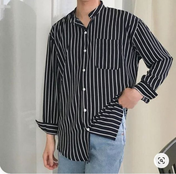 Kemeja Salur Garis garis Lengan Panjang / Kemeja Stripe Pria Casual - Hitam
