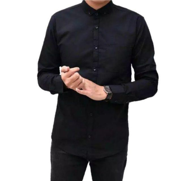 Kemeja Pria Lengan Panjang Casual Polos Hitam trendy - Hitam