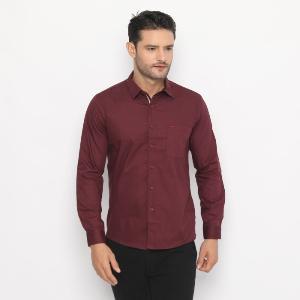 RICARDO Kemeja Pria Polos Oxford Maroon Lengan Panjang