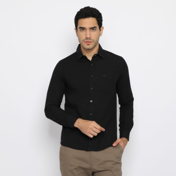 RICARDO Kemeja Pria Polos Hitam Lengan Panjang TENCEL