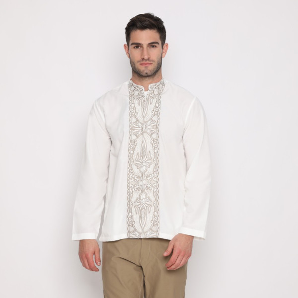 RICARDO Baju Koko Pria Putih Bordir Lengan Panjang