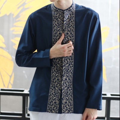 RICARDO Baju Koko Pria Navy Bordir Lengan Panjang