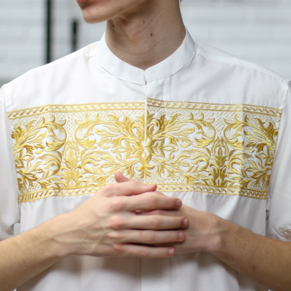 RICARDO Baju Koko Pria Putih Bordir Gold Lengan Pendek