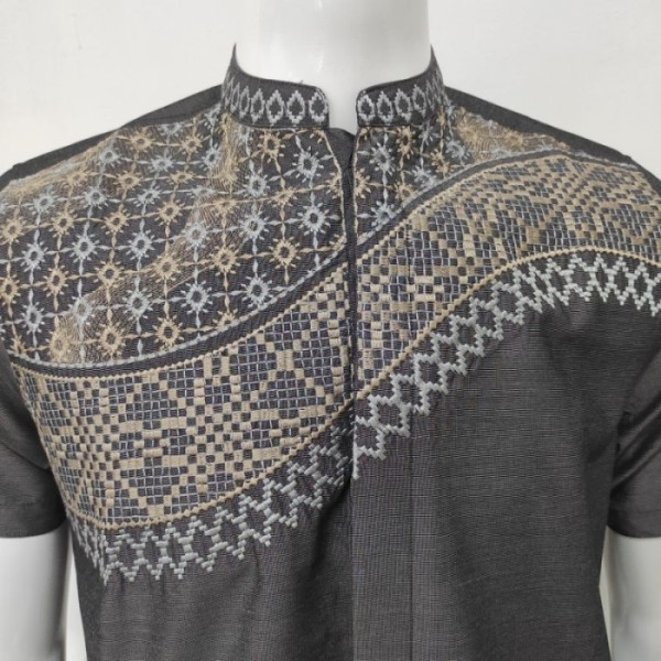 RICARDO Baju Koko Pria Abu Lengan Pendek Bordir