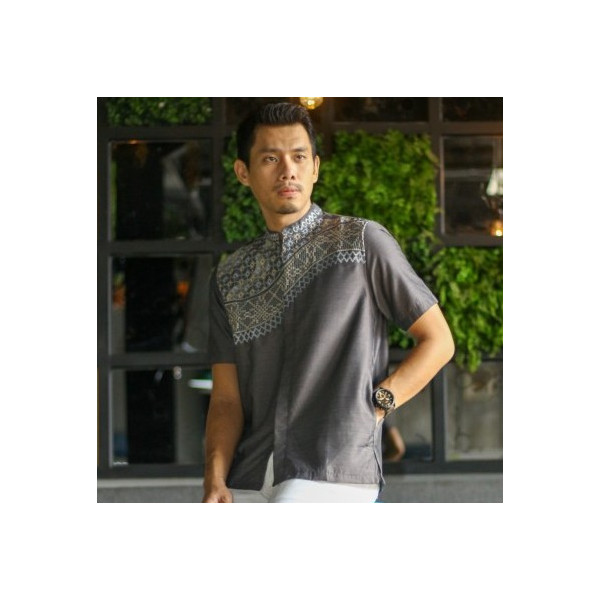 RICARDO Baju Koko Pria Abu Lengan Pendek Bordir
