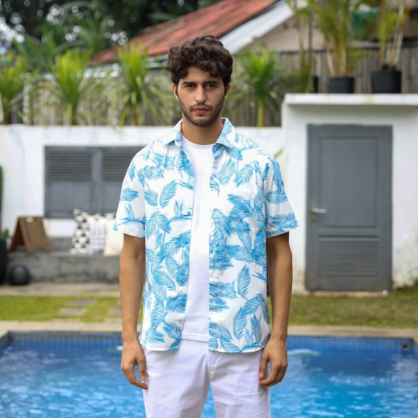 RICARDO Kemeja Pria Motif Printing Daun Lengan Pendek