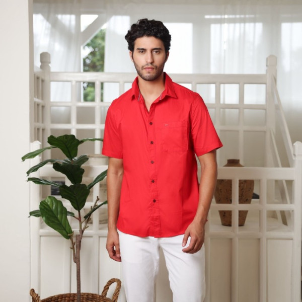 RICARDO Kemeja Pria Polos Merah Lengan Pendek