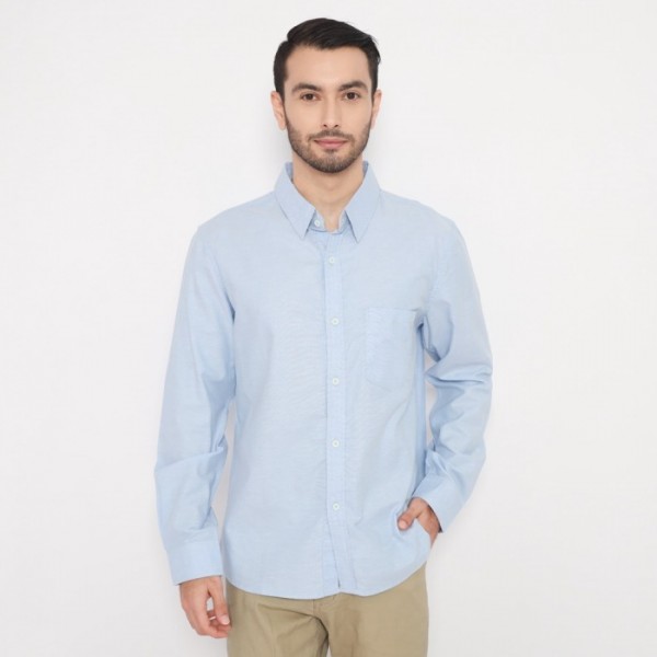 FICHINO Kemeja Pria Basic Polos Lengan Panjang Biru Muda