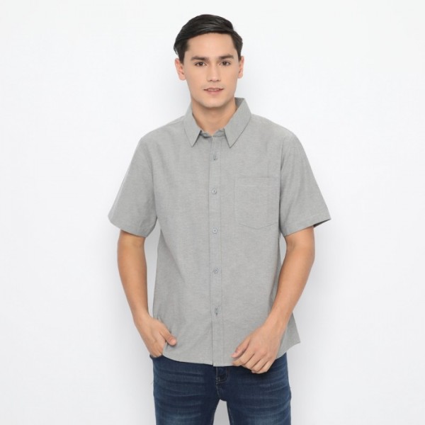 FICHINO Kemeja Pria Basic Polos Lengan Pendek Warna Abu Tua
