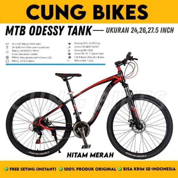 Sepeda Gunung MTB 24 26 27,5 Inch Odessy TANK inner cable 21 Speed - Hitam Merah, 24