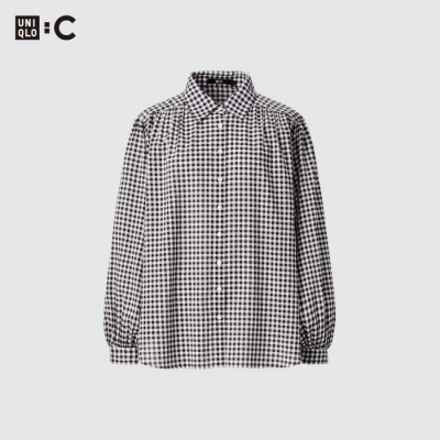 Uniqlo Blus Gather Volume Tipis Kotak Lengan Panjang
