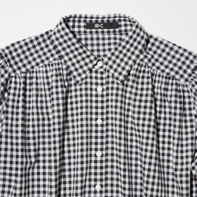 Uniqlo Blus Gather Volume Tipis Kotak Lengan Panjang