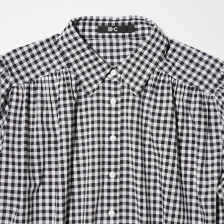 Uniqlo Blus Gather Volume Tipis Kotak Lengan Panjang