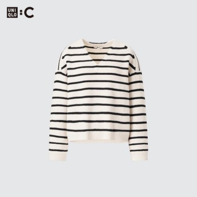 Uniqlo Sweater Pendek Garis Kerah V Lengan Panjang