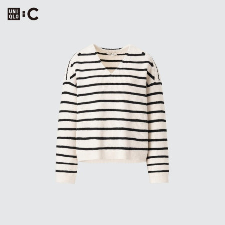 Uniqlo Sweater Pendek Garis Kerah V Lengan Panjang
