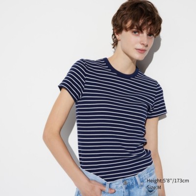 Uniqlo T-Shirt Rib Lembut Garis Kerah Bulat Lengan Pendek