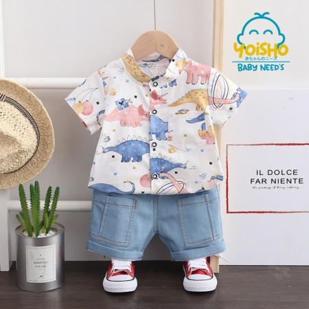 Setelan Kemeja Dino Celana Pendek Anak Bayi Laki Laki Usia 1-4 Tahun - 1-2 Tahun