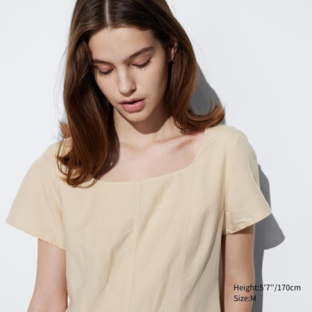 Uniqlo Gaun Linen Blend Kerah Persegi Lengan Pendek