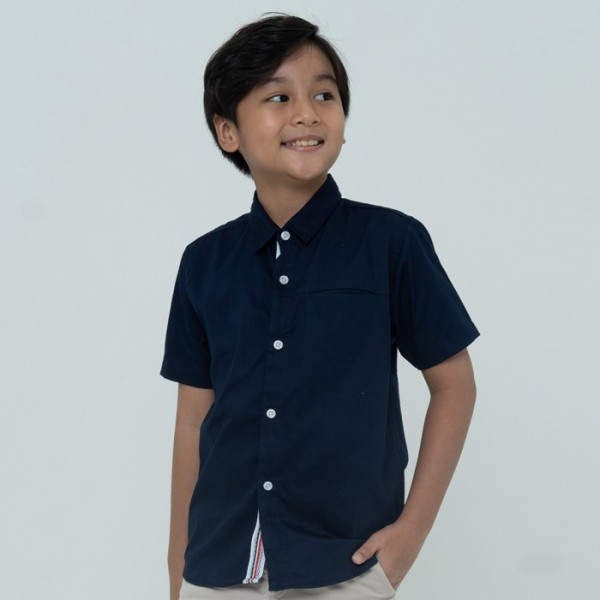 M231 Kemeja Anak Laki Laki Basic Polos Pendek Navy 2531A - 2