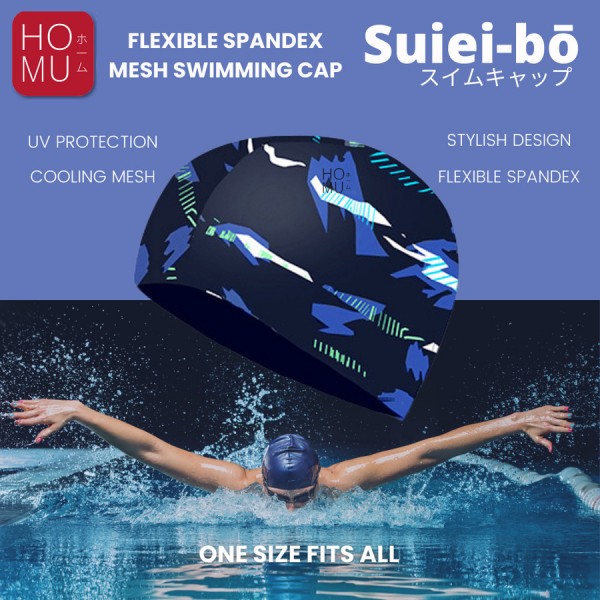 HOMU SUIEIBO Topi Renang Swimming Cap Flexible Mesh Spandex Navy Corak