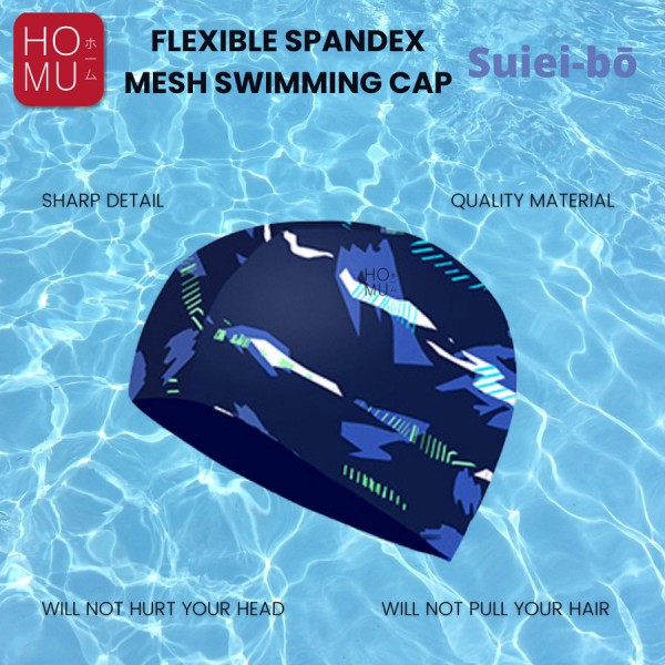 HOMU SUIEIBO Topi Renang Swimming Cap Flexible Mesh Spandex Navy Corak