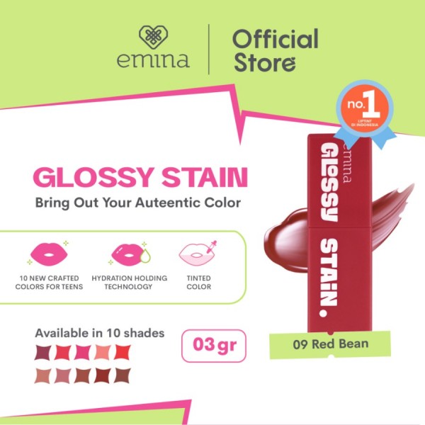 Emina Glossy Stain 3gr - Lipstick Melty Gel Lip Tint Glossy Finish - 09 Red Bean