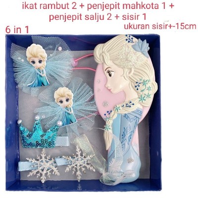 Paket aksesoris rambut Frozen Elsa anak 6 in 1 sisir ikat jepitan gift