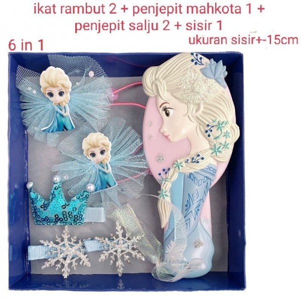 Paket aksesoris rambut Frozen Elsa anak 6 in 1 sisir ikat jepitan gift