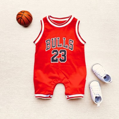 Baju anak lengan pendek 0-24 bulan jumper bayi motif BULLS 23 lucu - Merah, 90