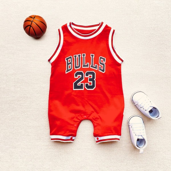 Baju anak lengan pendek 0-24 bulan jumper bayi motif BULLS 23 lucu - Merah, 90