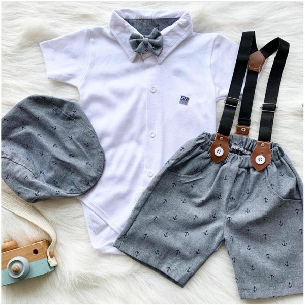 Setelan Baju Jumper Celana Suspender Anak Bayi Laki Usia 0 12 Bulan - Putih Jangkar