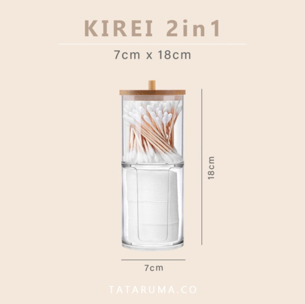 KIREI - Tempat Kapas Cotton Bud Akrilik Transparan Tutup Bambu - 2IN1