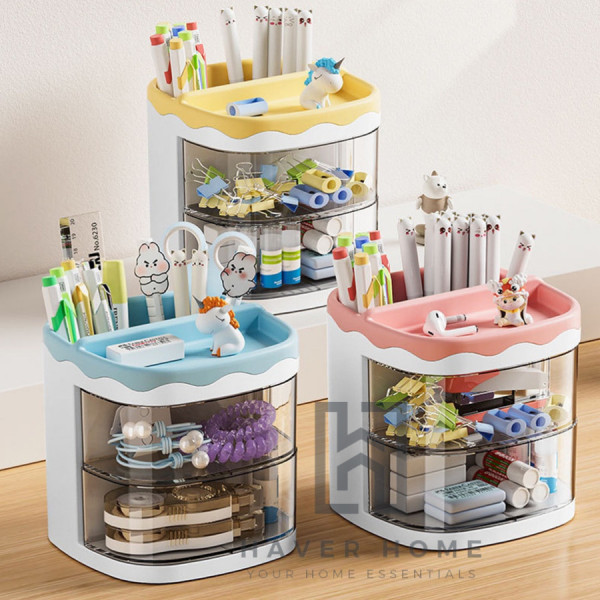 AIKO - Kotak Tempat Penyimpan Alat Tulis Organizer Meja Laci 2 Tingkat - Biru