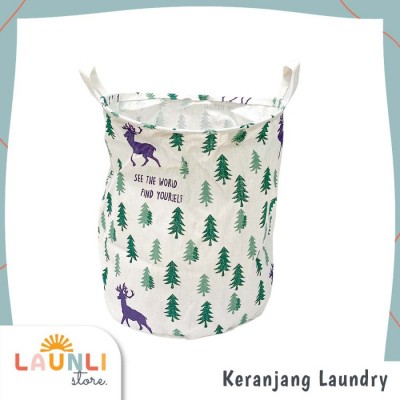 Keranjang Baju Kotor Laundry Bag Bulat Pakaian Kotor Lipat Canvas - Cemara
