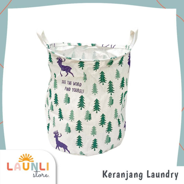 Keranjang Baju Kotor Laundry Bag Bulat Pakaian Kotor Lipat Canvas - Cemara