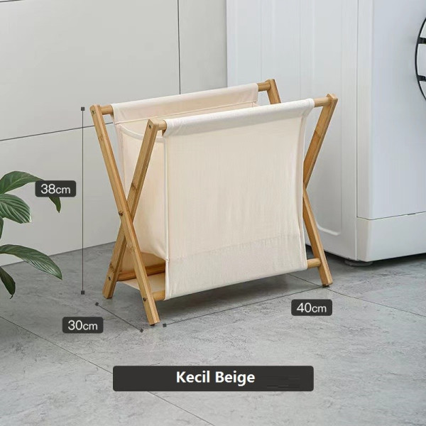 Laundry Bag Lipat Tempat Baju Kotor Stand Kayu Basket Storage Besar - Kecil Beige