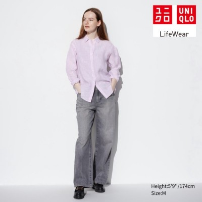 Uniqlo Kemeja Premium Linen Garis Lengan Panjang