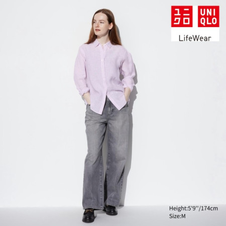 Uniqlo Kemeja Premium Linen Garis Lengan Panjang