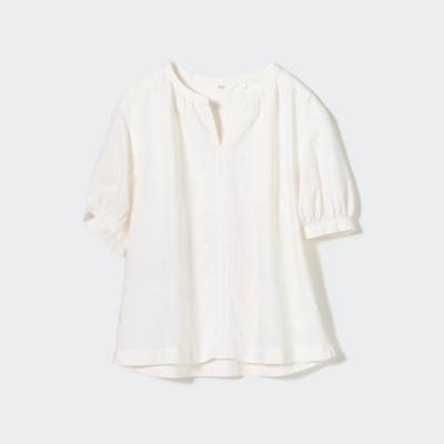 Uniqlo Blus Linen Blend Volume Lengan Pendek - 01 OFF WHITE
