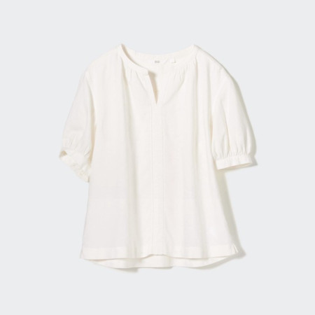 Uniqlo Blus Linen Blend Volume Lengan Pendek - 01 OFF WHITE