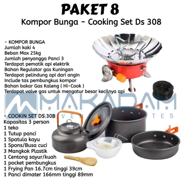 paket kompor kotak bunga cooking set nesting teko camping - kompor kotak
