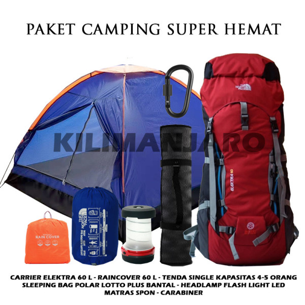 PAKET CAMPING SUPER HEMAT + TENDA 4-5 ORANG + CARRIER 60 L + SB MATRAS