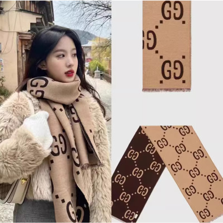 GUCCI Syal Gucci Retro Double G Wol Rumbai Kotak-kotak Emas Syal Selendang Pria dan Wanita Gucci