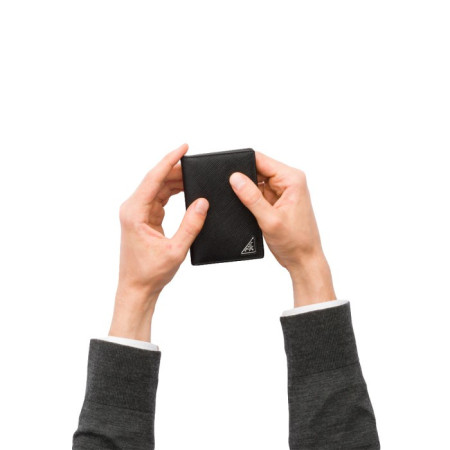 Prada Saffiano Card Holder Triangle Enamel Logo Black