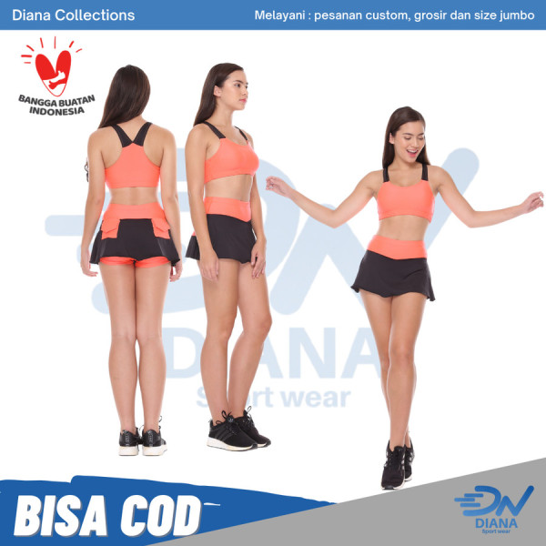 sportbra dan rok stelan olahraga wanita baju senam aerobic Orange - Orange, S