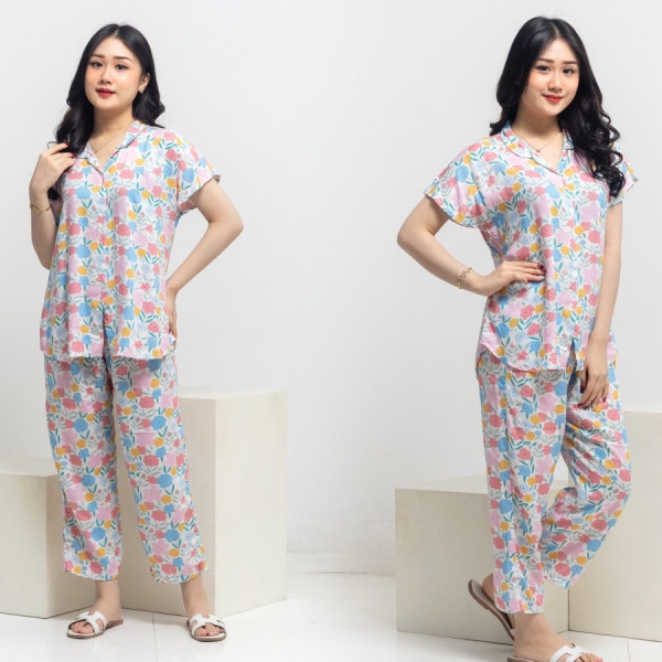 Piyama wanita rayon premium remaja busui kancing celana panjang S XL - Cpj leopink