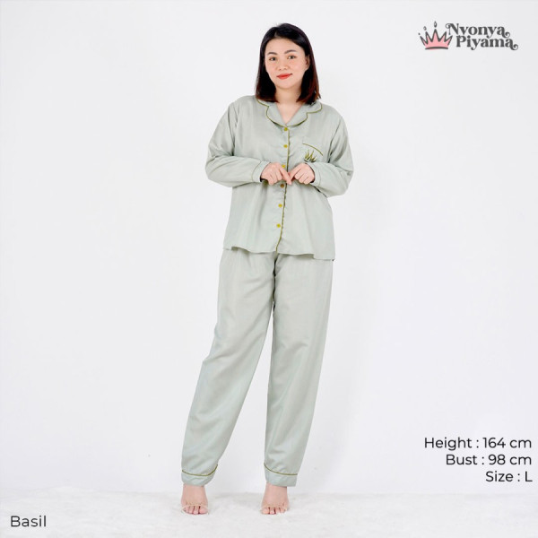 Nyonya Piyama Poly Bamboo Piyama Lengan Panjang - Polos Herb - Basil,S/M s.d 55kg