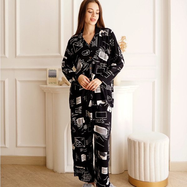 Gayalo - Setelan Piyama Panjang Kancing Busui Rayon Premium - Math Black