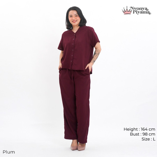 Nyonya Piyama Poly Bamboo Oversized Cozy Set Celana Panjang Polos V.3 - Plum,L