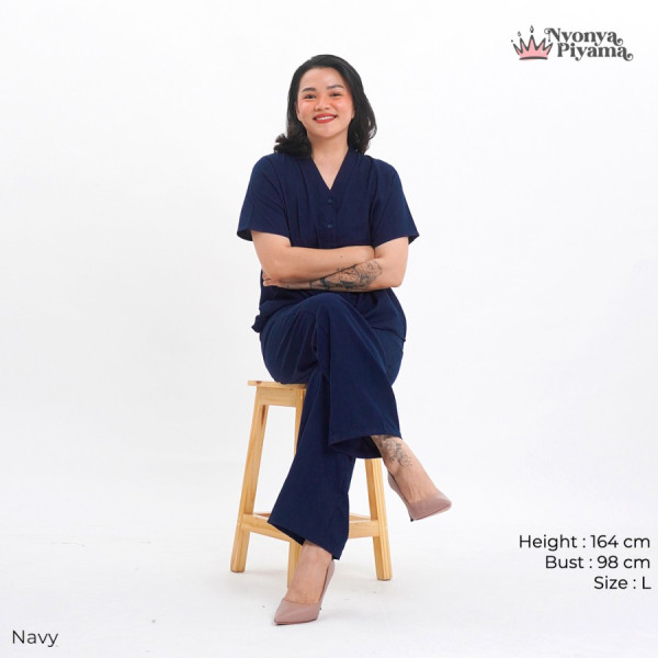 Nyonya Piyama Poly Bamboo Oversized Cozy Set Celana Panjang Polos V.3 - Navy,L
